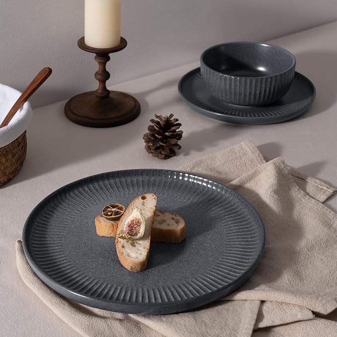 Famiware Starlight Plates and Bowls Dishes Set of 4 (12 Pieces) Ribbed Textured Stoneware Dinnerware Sets- Dishwasher &amp Microwave Safe Chip Resistant Matte Midnight Grey