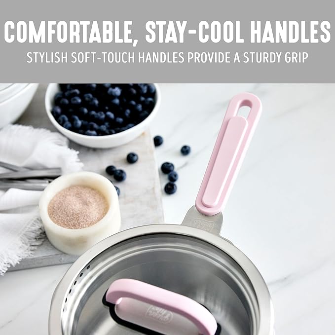 BK Twisting by Greenlife Stainless Steel 6 Piece Locking Lid Cookware Set Built in Strainer Induction Pots &amp Pans Drip-Free Pour Spouts Silicone Handles Saucepan Stock Pot Dishwasher Safe