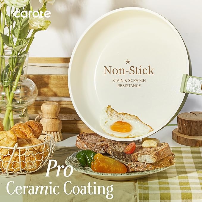 CAROTE 25-Piece Ceramic Cookware Set Nonstick Pots and Pans Set with Detachable Handle Non-Toxic Kitchen Cooking Set Dishwasher &amp Oven Safe Induction Compatible PFAS Free Green