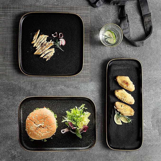 Porcelain Square Dinnerware Set 3 Pcs Fine China Plates With Gold Edge Matte Black Includes Pasta And Seafood Plates Plate Set