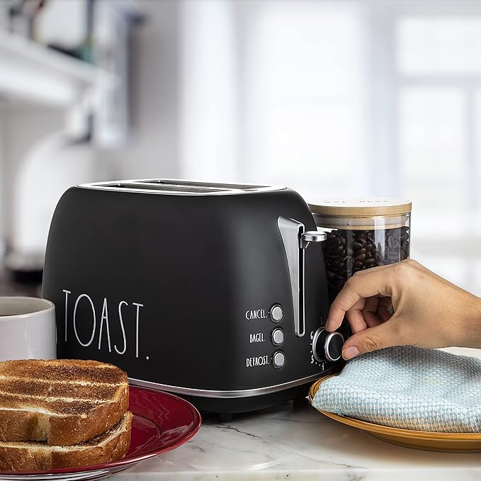 Rae Dunn Retro Rounded Bread Toaster 2 Slice Stainless Steel Toaster with Removable Crumb Tray Wide Slot with 6 Browning Levels Bagel Defrost and Cancel Options Black