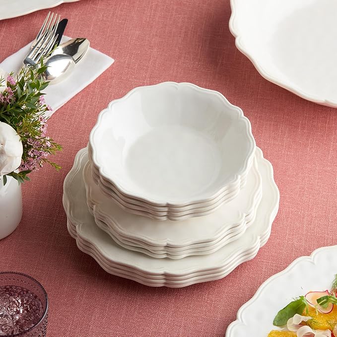 Isabella Cream 12-Piece Melamine Dinnerware Set for 4 – Crackle Glaze Plates &amp Bowls with Scalloped Edges Dishwasher Safe Durable Unbreakable Tableware for Indoor &amp Outdoor Dining
