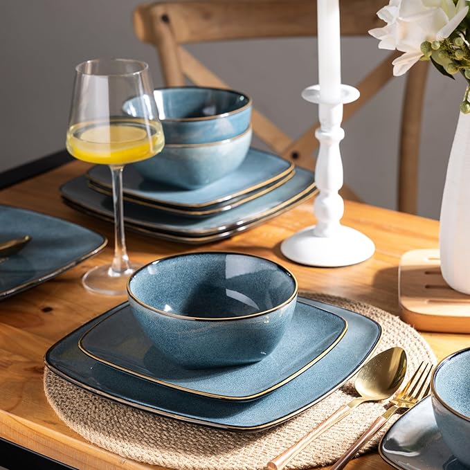 AmorArc Ceramic Dinnerware Sets for 4 12 Pieces Square Handpainted Plates and Bowls Set Chip and Scratch Resistant Stoneware Dishes Set Dishwasher &amp Microwave Safe Ocean Blue