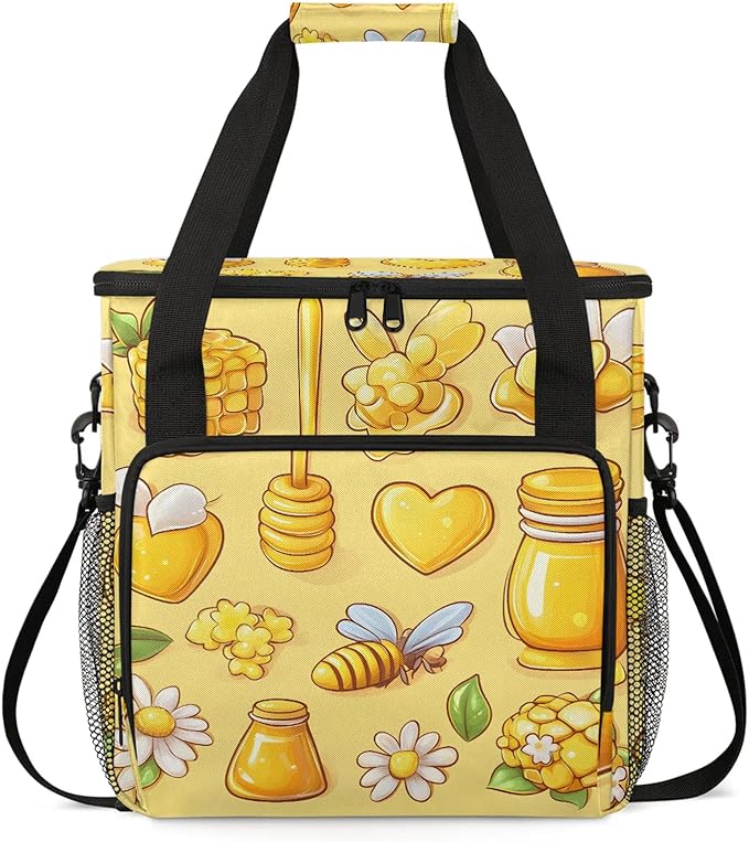 Yellow Coffee Maker Travel Bag Honeycomb Bee Insulated Grocery Bag Travel Picnic Leakproof Cooler Bags With Shoulder Strap