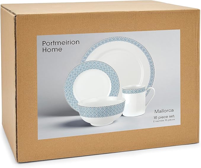 Portmeirion Home Mallorca 16 Piece Porcelain Dinnerware Set with Blue Geometric Border 4 Place Settings - Ideal for Weekday Meals Casual Brunches Relaxed Dinner Parties Small Family Celebrations