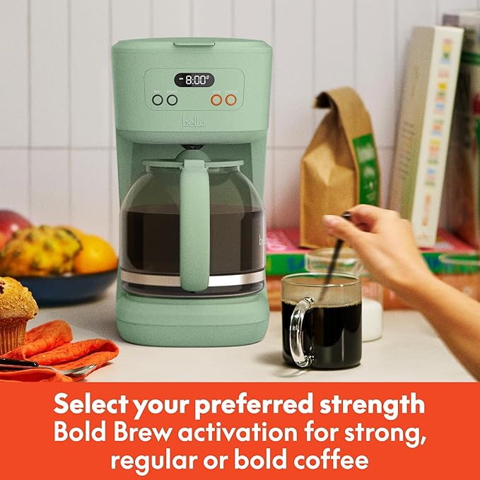 bella 12 Cup Programmable Coffee Marker Reusable Dishwasher Safe Accessories Easy LCD diaply Auto Shutoff 900 watt Seaglass