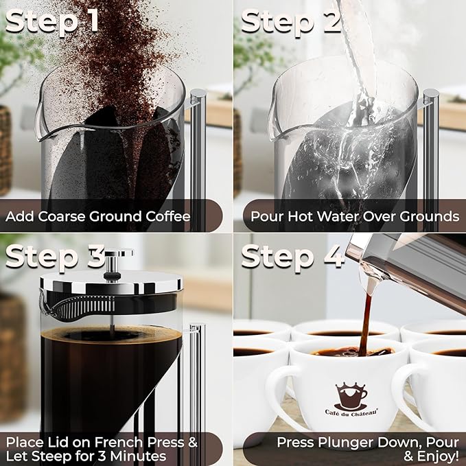Cafe Du Chateau French Press Coffee Maker Bundle – Stainless Steel Design with 4-Level Filtration for Rich Smooth Brews at Home or Office
