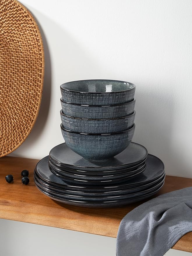 Famiware Moonlight Plates and Bowls Sets 18 Pieces Stoneware Dinnerware Sets with Linen Finish Handmade Dishware set for 6 Microwave and Dishwasher Safe Scratch Resistant Tableware Dark Blue