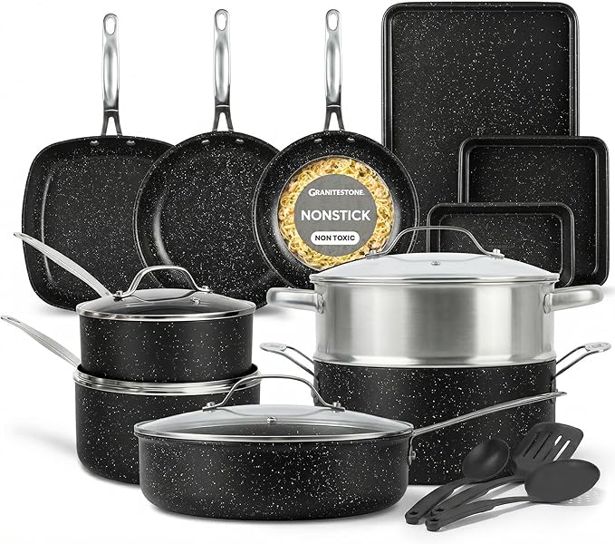 GRANITESTONE 20 Pc Complete Pots and Pans Set Non Stick Cookware Set with Saute Pan Bakeware Steamer Cooking Utensils Made Without PFOA PFOS Oven and Dishwasher Safe