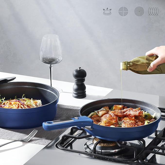 CAROTE 22pcs Pots and Pans Set Non Stick Nonstick Cookware Set Dishwasher/Oven/Fridge Safe Pots and Pans Removable Handle RV Oven Safe Cookware Induction Kitchen Set Blue