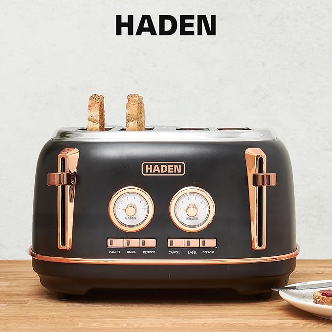 Haden Dorset 4 Slice Wide Slot Stainless Steel Toaster Bundled with 12 Cup Programmable Drip Coffee Maker Coffee Machine Black &amp Copper