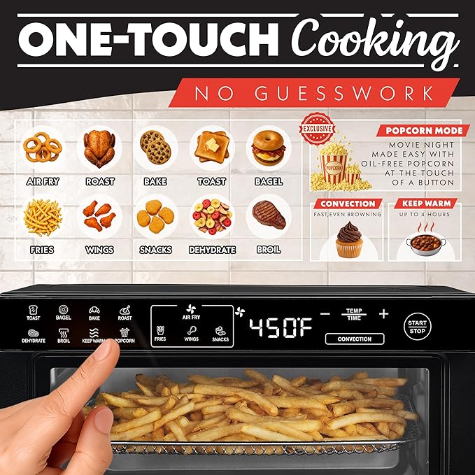 Gourmia Toaster Oven Digital Air Fryer - Convection Mode with 4 Slice Capacity 3 Rack Positions 12 Presets Toast Bagel Bake Roast Broil Dehydrate Popcorn Fits 9 Pizza Black