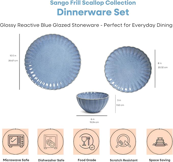 Sango 12 Pieces Stoneware Dinnerware Set Modern Reactive Blue Dishes for 4 Premium Serving Plates and Bowls Sets Chip Resistant Plate Ceramic Dishware Kitchen Dish Set Scallop Dining Ware Frill