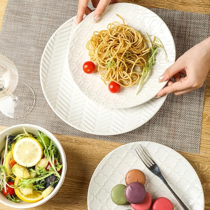 Sureasy Ceramic Dinnerware Sets for 8 24 Piece Embossed Plates and Bowls Sets Scratch Resistant Stoneware Dishes Set Dishwasher and Microwave Safe White