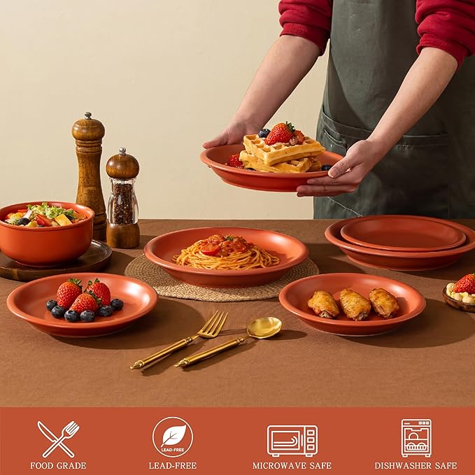 Timeworn Clay Dinnerware Set 12 Pieces Stoneware Sets for 4 Hand-Finished Glaze Farmhouse Plates and Bowls Microwave and Dishwasher Safe Terracotta Red