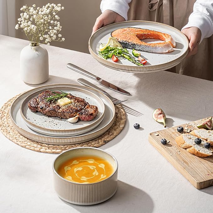 Ceramic Dinnerware Sets for 4-12 Piese Plates and Bowls Set Microwave and Dishwasher Safe Stoneware Ribbed Dishes and 22oz bowls Beige