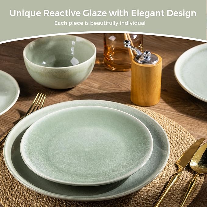 AmorArc Ceramic Dinnerware Sets for 6 18 Pieces Handpainted Plates and Bowls Set Scratch Resistant Stoneware Dishes Set Dishwasher &amp Microwave Safe Olive Green