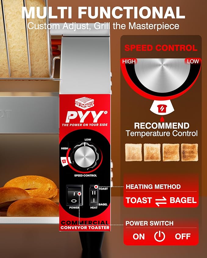 PYY Commercial Conveyor Toaster - 400 Slices/Hour 1800W Electric Industrial Belt Toasters Oven Heavy Duty Stainless Steel Toaster for Bun Bagel Bread Waffle Restaurant Catering