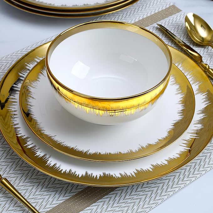 12 Pieces Plates and Bowls SetsPorcelain Round Dinner Plates Dishes Set with Gold Rim for 4 White bone china Plates and Bowls Dishwasher Safe and Scratch Resistant Luxury Tableware Set