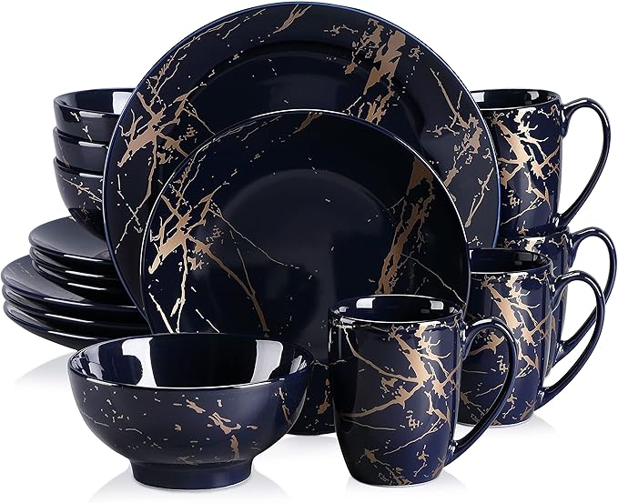 LOVECASA Porcelain Dinnerware Sets for 4 16 PCS Plates and Bowls Set Color Glaze with Gold Plate Dish Set Dinner Sets with Dinner Plates Dessert Plate Bowls and Mugs Dark Blue