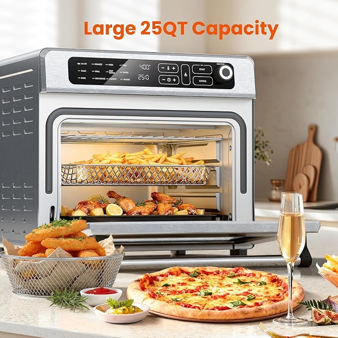 25QT Air Fryer Toaster Oven Combo 12-in-1 Large Convection Airfryer Oven with 70–450℉ Temperature Control &amp 60-Minute Timer Bake Roast &amp Broil Fits 12″ Pizza(Silver)