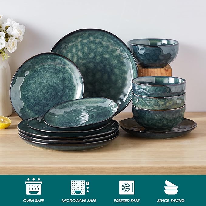 vancasso Starry Dinnerware Set for 4 Handmade Reactive Glaze Stoneware 12 Pieces Plates and Bowls Sets Dishwasher and Microwave Safe Dish Set Green