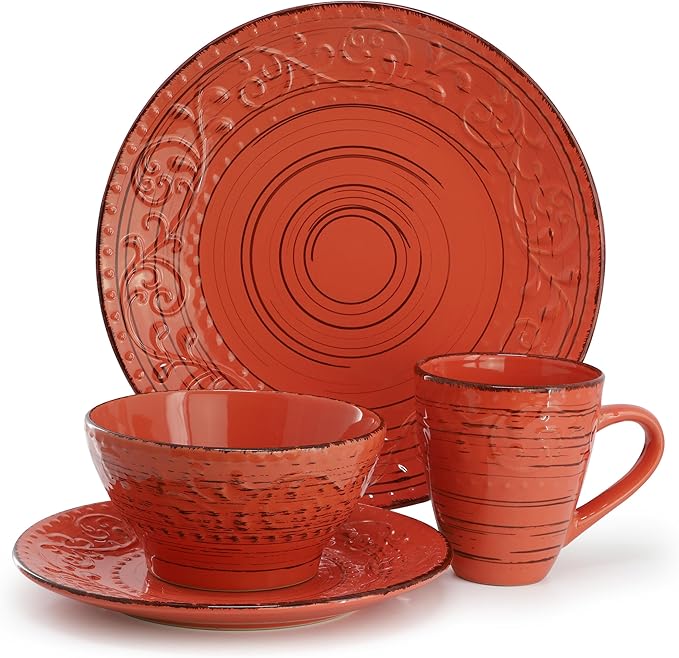 Elama Malibu Jasper 16-Piece Stoneware Embossed Pattern Reactive Glaze Orange Dinnerware Set Tableware Serveware Set (Jasper Orange)