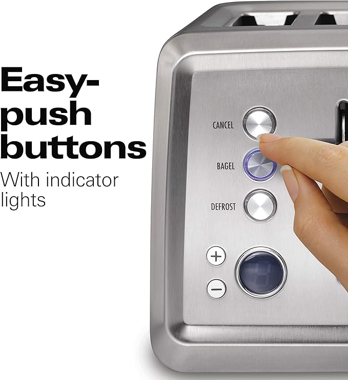 Hamilton Beach 4 Slice Toaster with Extra-Wide Slots Bagel Setting Toast Boost Slide-Out Crumb Tray Auto-Shutoff &amp Cancel Button Digital with Defrost Function Stainless Steel (24796)