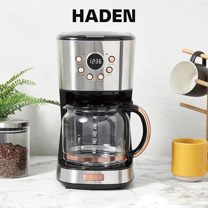 Haden Coffee Machine 12 Cup Programmable Drip Coffee Maker with Auto Shut-Off Function and Reusable Washable Water Filter Steel &amp Copper