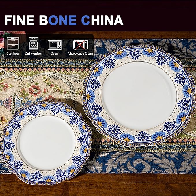 ACMLIFE 12-Piece Bone China Dinnerware Set Blue and White Vintage Floral Dinnerware Set Service for 4 Lightweight Plates and Bowls Set with Gift Box (Blue-B)