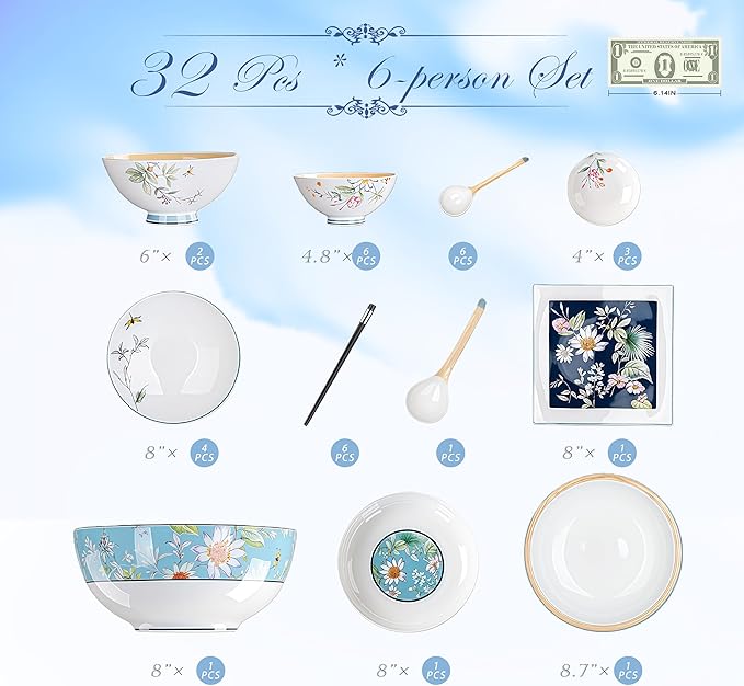 Fine Bone China Dinnerware SetPorcelain&ampCeramic Dinnerware SetsBone Stoneware&ampCeramic Cookware Tableware Set Includes Dinner Plates|Spoons|Pasta Bowls|Soup Pot|Chopsticks (32PCS * 6-Person S