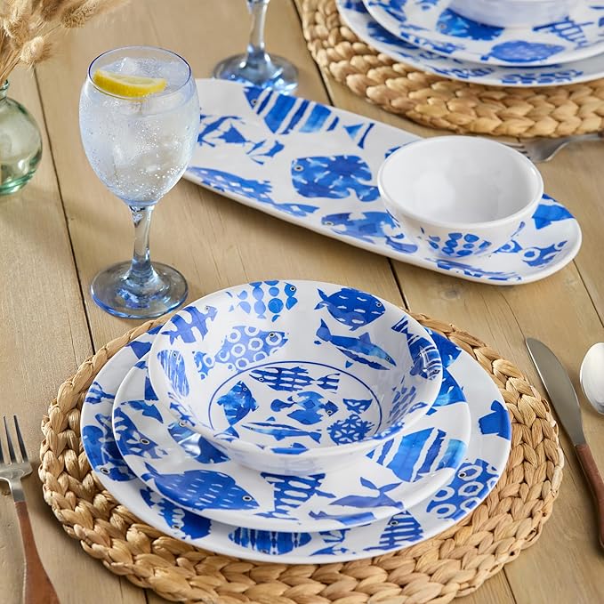 Fish Tale 12 Pc. MELAMINE DINNERWARE SET SERVICE for 4 – Cobalt Blue Fish School Outdoor Plates Bowls Shatterproof Coastal Dining Poolside Patio Entertaining Mediterranean Dreams for Every Meal