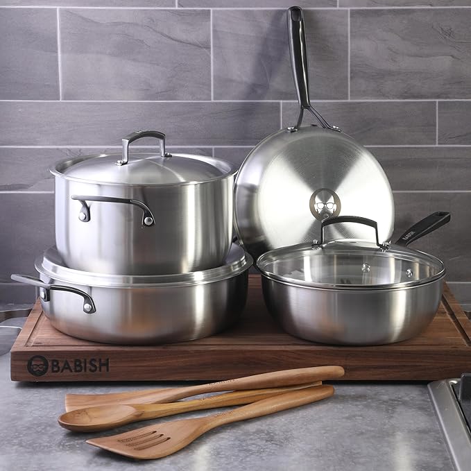 Babish 10-Piece Professional Tri-Ply Non-Toxic Pots and Pans Cookware Set – Durable Even Heat Distribution
