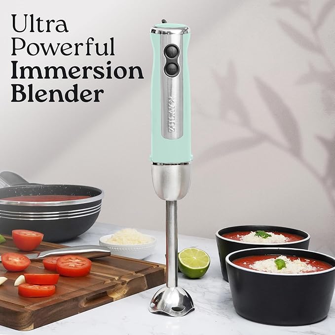 Zulay Immersion Stick Mixer Hand Blender - 800 Watts Turbo Mode 5-ft Power Electric Cord Handheld Portable Stainless Steel Blades - For Effortless Blending Smoothie Soup Baby Food Puree - Aqua