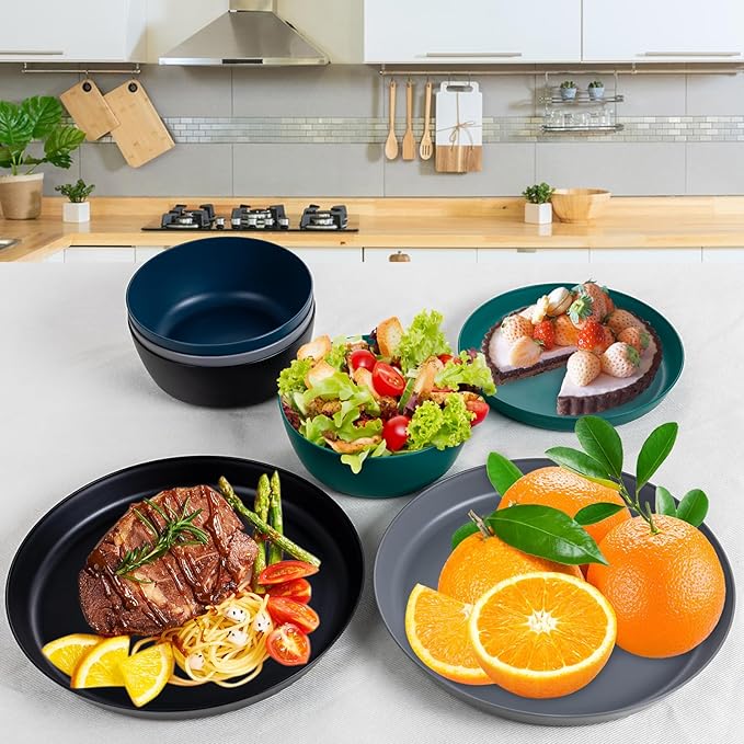 EI 12pcs Wheat Straw PlatesPlastic Plates ReusableUnbreakable Plastic PlateWheat Straw Dinnerware SetMelamine Plate-BlackDark GreyDark GreenDark BlueDinner CampingPicnic