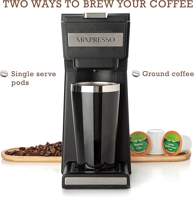 Mixpresso Coffee Maker Single Serve For Ground Coffee &amp Compatible With K Cup Pods With 14oz Travel Mug &amp Reusable Filter For Home Office &amp Camping.
