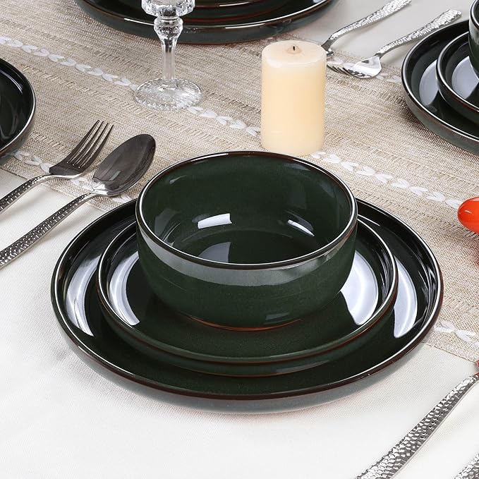 E-far Stoneware Dinnerware Sets for 4 12 Pieces Reactive Glaze Plates and Bowls Sets Elegant Dishes with Rustic Terracotta Base Dishwasher &amp Microwave Safe Scratch Resistant Blackish Green