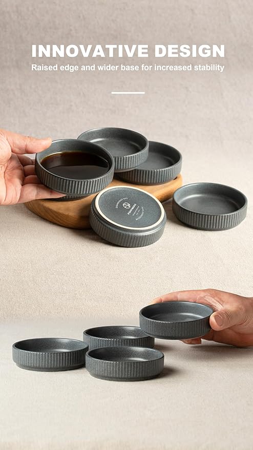 Famiware Dinnerware Set for 4 (12 Piece) and 8.25 Paste Bowl Set (4 Piece) and 4oz Dipping Bowl Set (6 Piece) - Star Stoneware Dishes - Matte Dark Charcoal