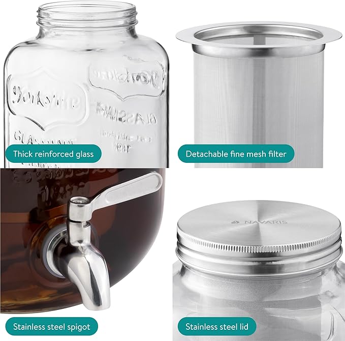 Navaris Cold Brew Coffee Maker - 1 Gallon(4L) Iced Coffee Maker with 18/8 Stainless Steel Leakproof Spigot Mason Jar Glass Drink Dispenser Beverage Dispenser with Filter