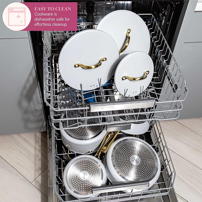 Paris Hilton Iconic Nonstick Pots and Pans Set Multi-layer Nonstick Coating Matching Lids With Gold Handles Made without PFOA Dishwasher Safe Cookware Set 10-Piece Light Gray