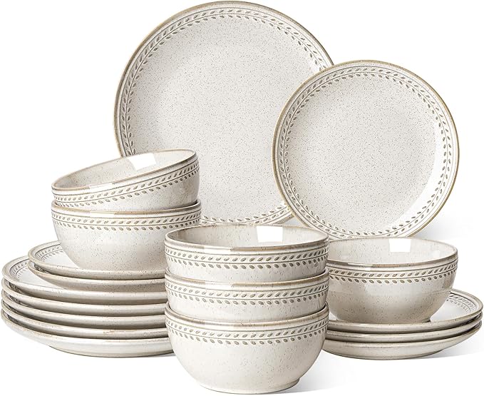 LE TAUCI Dinnerware Sets for 6 18 Piece Ceramic Dish Set with Plates and Bowls | Oven/Dishwasher/Microwave Safe | Ideal for Housewarming | Reactive Beige (10 Plate+8 Dish+27oz Bowl)