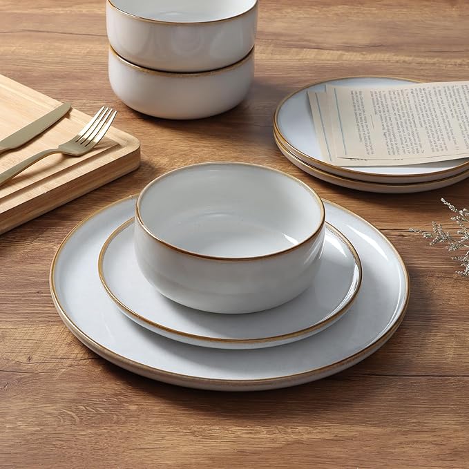 E-far Dinnerware Sets for 4 16-Piece Stoneware Plates and Bowls Set Reactive Glaze Dishes Dinning Ware Set Chip &amp Scratch Resistant Microwave &amp Dishwasher Safe - Seashell White