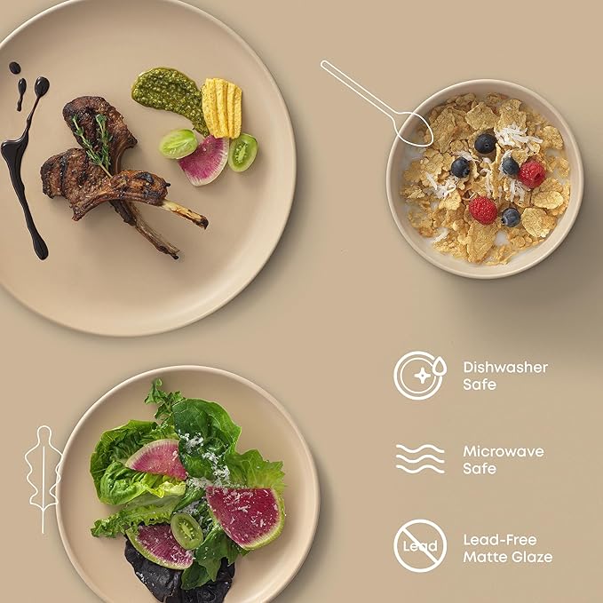 JoyJolt Mesa Stoneware Dinnerware Set 18-Piece Plates and Bowls Sets Includes Dinner - Salad and Cereal and Soup Bowls Modern Farmhouse Matte Beige Dish Set for 6
