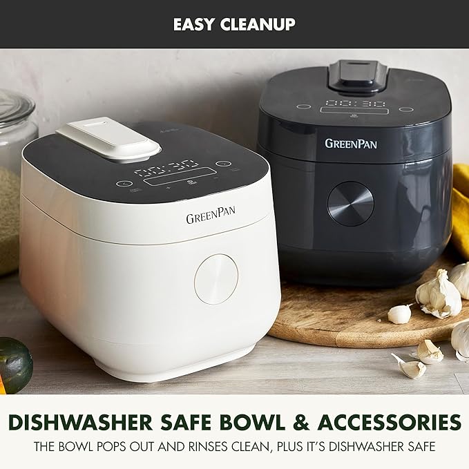 GreenPan Carb Reducing Electric Rice Cooker 4 Cups Uncooked/8 Cooked Rice 10 Presets LED Display Healthier Meals Delay Timer PFAS-Free Ceramic Nonstick Removable Bowl Cool Touch Steam Graphit