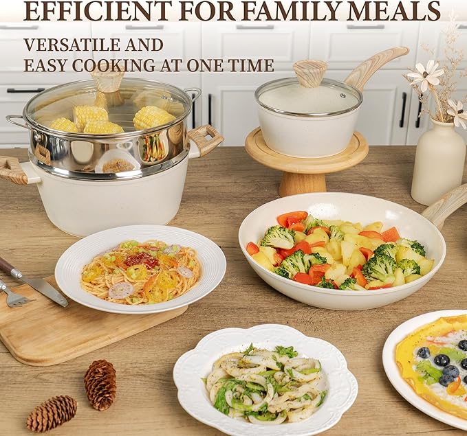 26Pcs Pots and Pans Nonstick Ceramic Cookware Set Nontoxic Kitchen Cooking Set with Steamers Utensils Induction Compatible PFAS/PFOA Free Oven and Dishwasher Safe Cream White