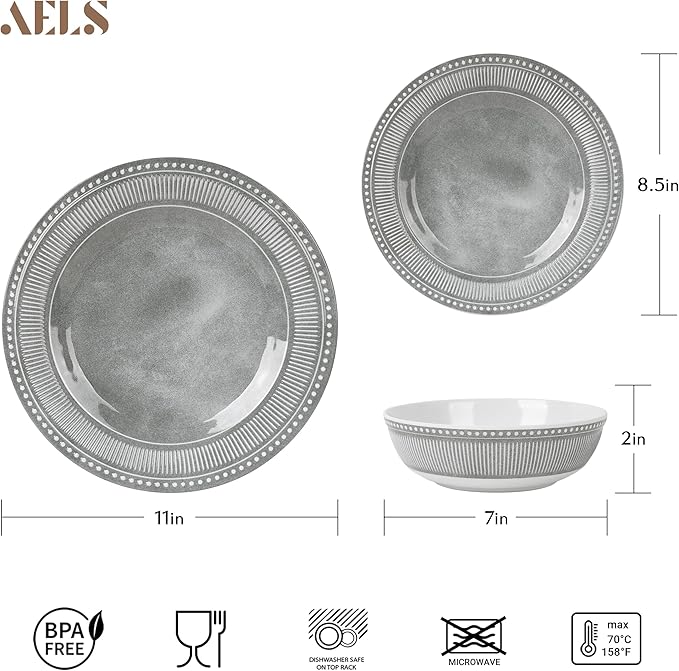 AELS Melamine Dinnerware Set of 12 Pcs Dinner Dishes Set for Indoor and Outdoor Use Melamine Plates and Bowls Set for 4 Dishwasher Safe Lightweight Unbreakable BPA Free Gray