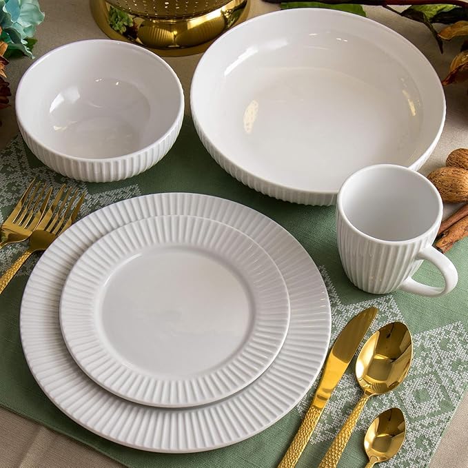 18-Piece White Porcelain Dinnerware Set with Serving Bowls – Elegant Textured Dish Set for 4 Microwave &amp Dishwasher Safe