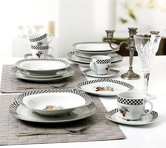 Unknown1 Porcelain 20 Piece Square Dinnerware Set Service for 4-Chef Design White Banded Casual Dishwasher Safe Microwave