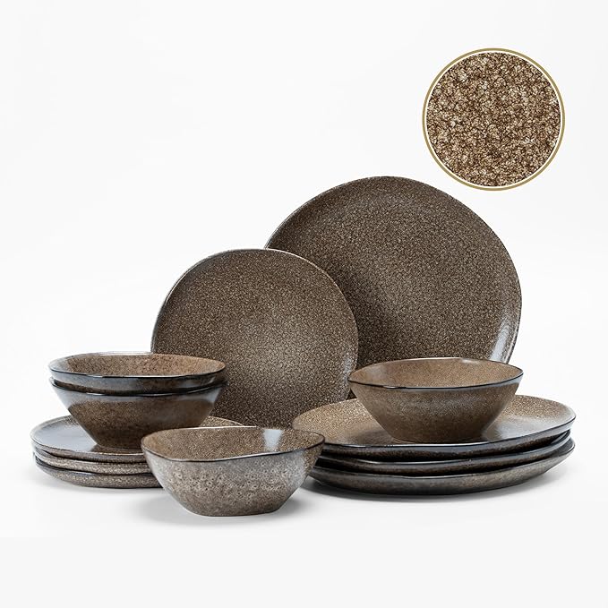 12PCS Stoneware Dinnerware Sets Plates and Bowls Dish Set for 4 Irregular Vintage Handmade Dinner Ware Dishware for Kitchen Dinning Microwave &amp Dishwasher Safe Brown
