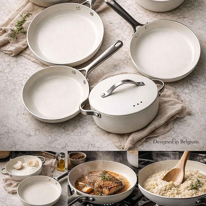 Alva Mobi 8-Piece Ceramic Nonstick Cookware Set – No PTFE PFOA PFAS Toxin-Free Pots &amp Pans with Stay-Cool Handles – Works on All Stovetops Oven Safe (400°F) Healthy &amp Easy to Clean Canol